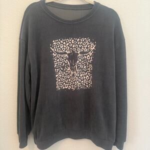 Women’s Large Corduroy Cowboy Graphic Sweatshirt Black Leopard Longhorn Cozy